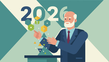Senior businessman presenting data concepts for the year 2026 Vector illustration