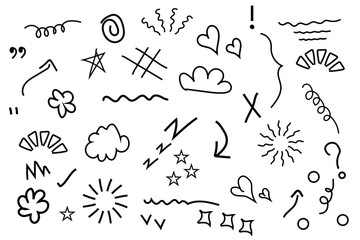 Obraz premium Hand drawn doodle icons with arrows hearts stars clouds and fun abstract sketch symbols, Creative black doodle art collection featuring hearts stars arrows clouds and cute shapes