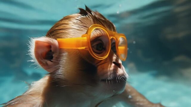 monkey swimming underwater wearing goggles