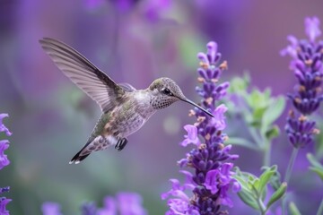 Fototapeta premium Beautiful hummingbird with spread wings drinking nectar from vibrant purple lavender flowers