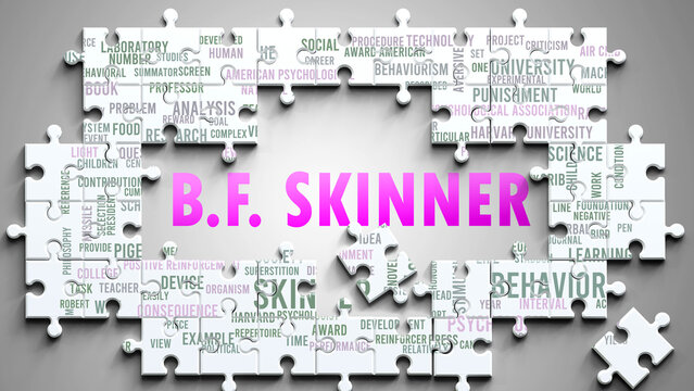 B.F. Skinner as a complex subject, related to important topics. Pictured as a puzzle and a word cloud made of most important ideas and phrases related to b.f. skinner. ,3d illustration