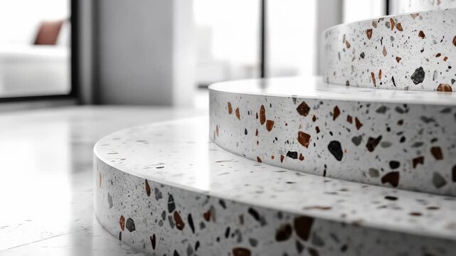 Curving terrazzo staircase with visible aggregate detail in soft, diffused light
