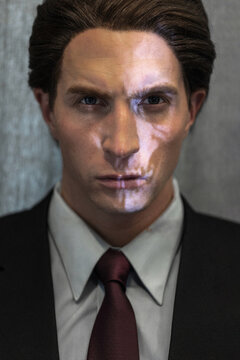 A scary and selfish image of a businessman who is ready to do anything for money, A man in a business suit with a projection of a skull