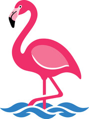 Vibrant pink flamingo wading in blue water