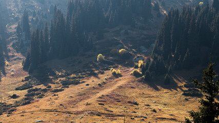 Layered Kazakh wilderness: distant peaks, green foothills and vast steppe grasslands.