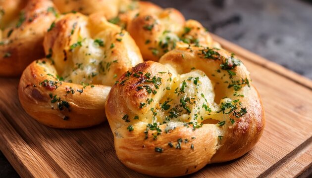 close up of cheesy garlic bread knots on wooden board