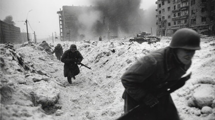 Soviet soldiers advancing through snow-covered ruins during intense urban combat — black-and-white wartime photograph evoking the harsh conditions of World War II.