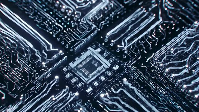 Futuristic glowing circuit board with a central processing unit.