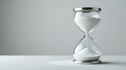 Sleek silver hourglass with bright white sand measuring time on clean surface, symbolizing patience and passage of moments