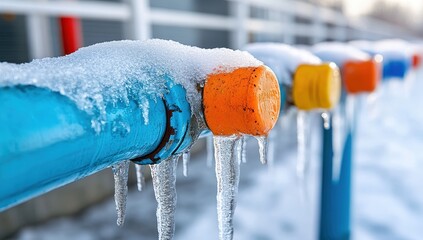 Frozen pipes with colorful caps are covered in snow and ice, showcasing winter's harsh effects on infrastructure