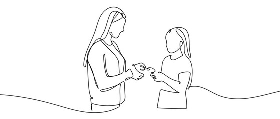 Mother and daughter facing each other, one continuous line. in simple linear style Vector illustration in doodle style Editable stroke.