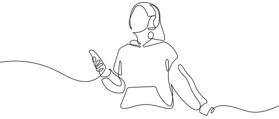 A young woman is listening to music on her smartphone. One continuous line. in simple linear style Vector illustration in doodle style Editable stroke.