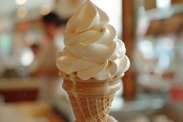 Creamy soft serve vanilla ice cream melting in crispy waffle cone, creating a sweet and tempting treat