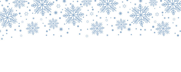 Winter snowflake border background with blue snowflakes and stars on white. Perfect for holiday, seasonal, Christmas, festive, greeting card, and decorative design projects on stock photo websites.
