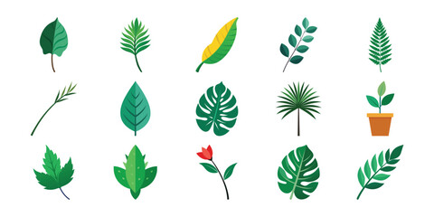Collection of various green watercolor painted leaves and botanical elements on a white background
