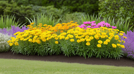 Colorful garden with blooming yellow and purple flowers in sunlight, symbolizing beauty, nature, and summer growth.