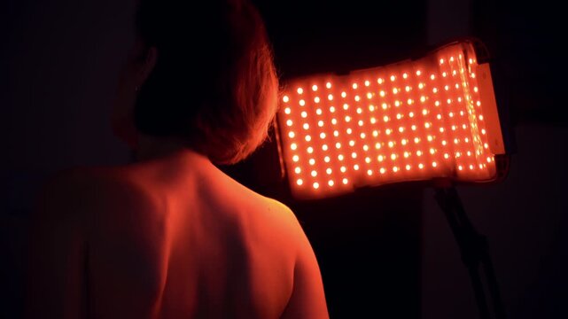 White woman sits or stays near a red light therapy panel at home setting