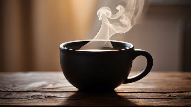 A steaming cup of coffee on a rustic wooden table with soft background lighting hot drink