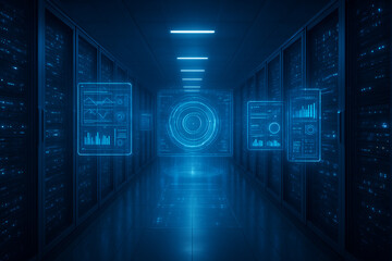 Server Room Corridor with Floating Holographic Data Dashboards