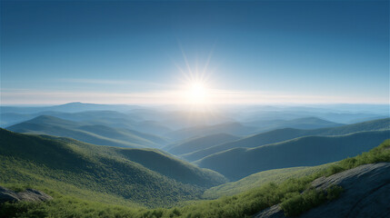 Fototapeta premium Panoramic view of sun rising over rolling mountains and green hills, concept of hope, freedom and natural beauty.
