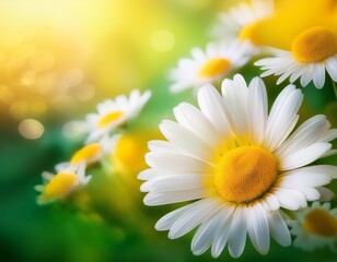 white daisies in yellow and green spring blurred vertical background with copy space