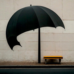 Giant Black Umbrella Mural Protecting Yellow Bench