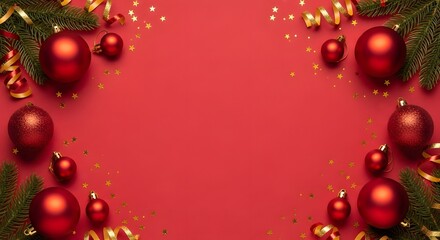 Festive Christmas background with red baubles, fir branches, and golden confetti on a red surface with copy space.