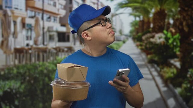 Man holding takeout boxes and smartphone on street, checking order details while glancing up at buildings; late delivery confusion.