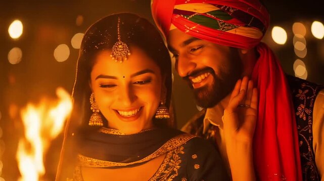 Joyful Indian Couple Dancing at Night Wedding Celebration
