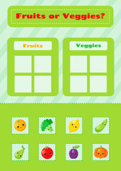 Educational game for kids sort objects. Cute veggies. Fruits or veggies game.Educational activity worksheet.Illustration for kids books and workbooks. Logical quest for children.  Vector illustration.
