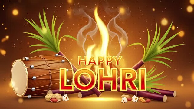 Happy Lohri Celebration With Fire, Drums, Sugarcane, And Festive Snacks For Family