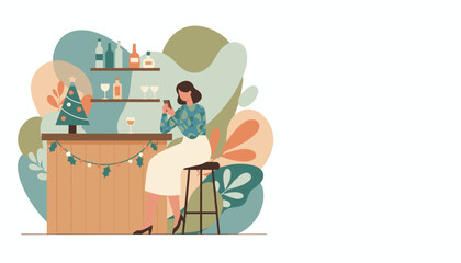 Stylish woman on phone at festive holiday bar decorated with Christmas tree and garland