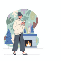 Cozy woman texting by the fireplace in winter Digital leisure and holiday connection