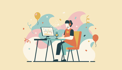 Podcaster creating digital content with microphone and computer in a festive vibrant setting