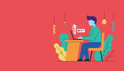 Flat illustration of a man working on a laptop completing tasks Remote work and productivity concept