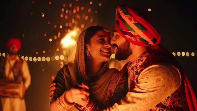 Joyful Indian Couple Dancing at Night Wedding Celebration