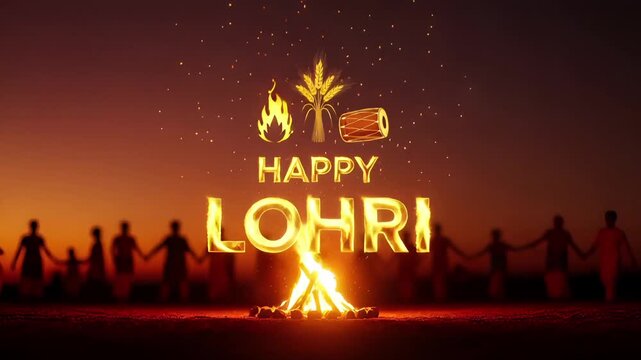 Happy Lohri Celebration With Fire, Drums, Sugarcane, And Festive Snacks For Family