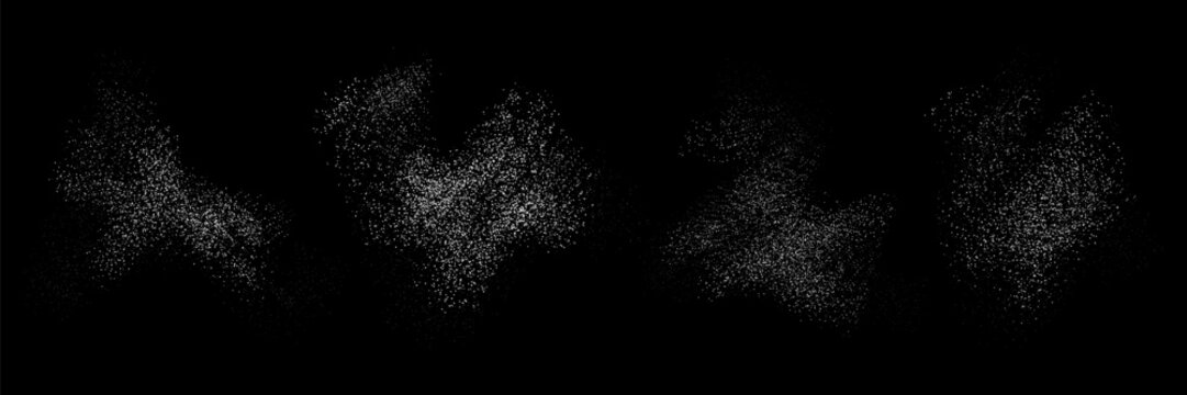 Set of white noise particles isolated on black background. Backdrop with flying sugar or flour powder. Distressed grunge texture. Falling salt crystals. Glittering sparks.