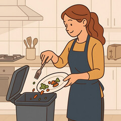 Woman scraping leftover food from plate into trash bin in kitchen Vector Illustration