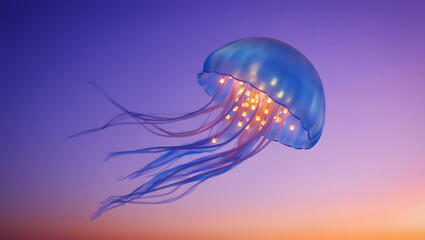 Bioluminescent jellyfish with glowing lights floating in a gradient purple and orange sky image