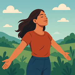 Woman breathing fresh air outdoors Vector Illustration
