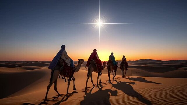 Desert Caravan Of Camels At Sunset Under A Bright Starry Sky