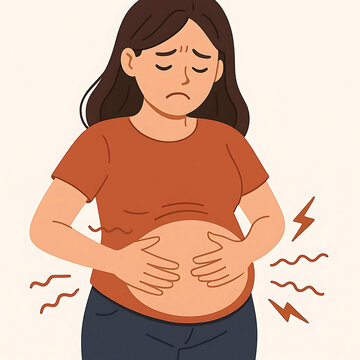 Woman with bloating and stomach ache from overeating Vector Illustration