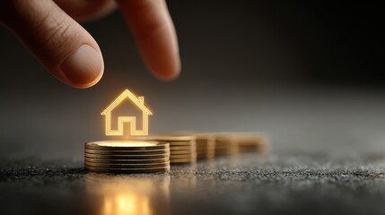 A hand selects a glowing hologram of a golden house, among old houses, symbolizing success in real estate and investment choice