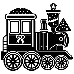 Cute black and white cartoon vector steam train with holiday decorations
