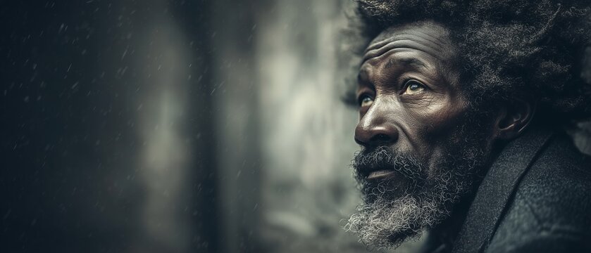 Conceptual portrait of a homeless african american hobo old man with old clothes, a beard and messy dirty grey hair. sitting and begging money and food on a street, on cold rainy day