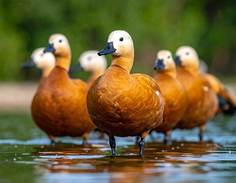 A group of ruddy shelducks stands in shallow water against a blurred green background