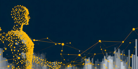 Dynamic human network visualization symbolizing data connectivity and future technological advancement in a modern abstract landscape.