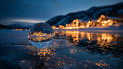 A snow globe filled with a charming winter scene sits on a frozen lake, capturing reflections of twinkling Christmas lights along the shoreline. The ambiance is serene and festive