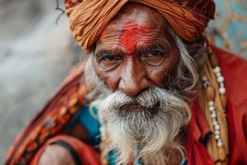 Portrait of a sadhu with tilak on his forehead, wearing orange turban and white and wooden beaded necklace